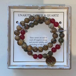 SHIVAM Genuine Gemstone Unakite, Jasper, and Quartz Bead Bracelet